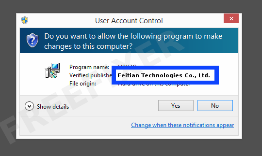 Screenshot where Feitian Technologies Co., Ltd. appears as the verified publisher in the UAC dialog